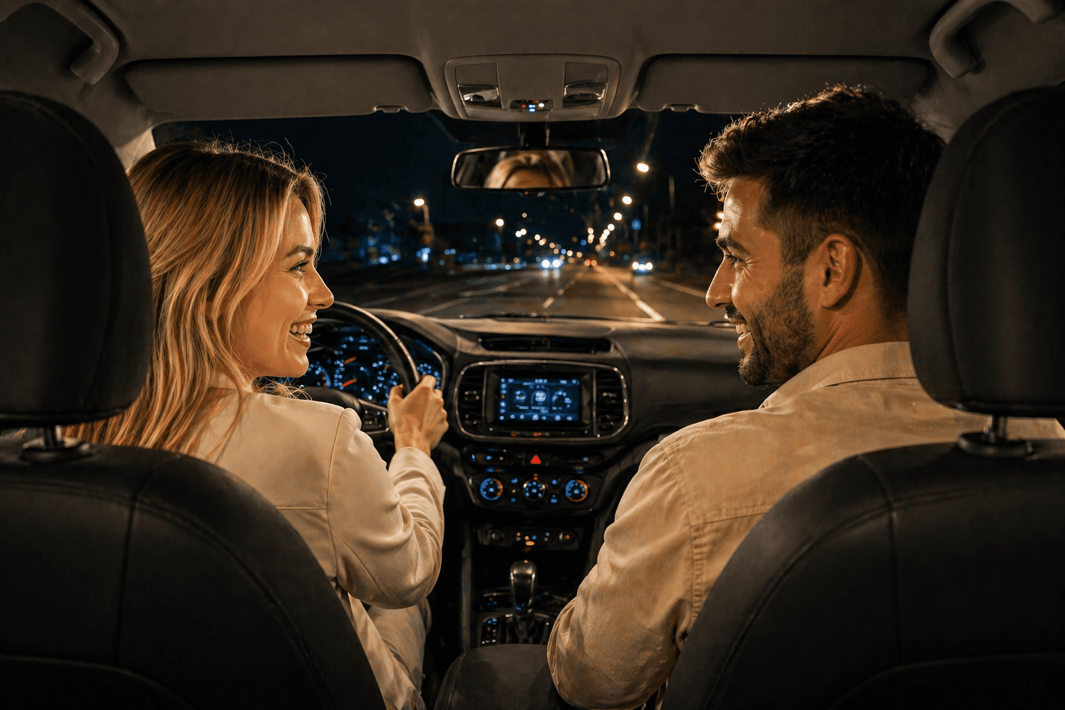 Casal dirigindo em rodovia à noite